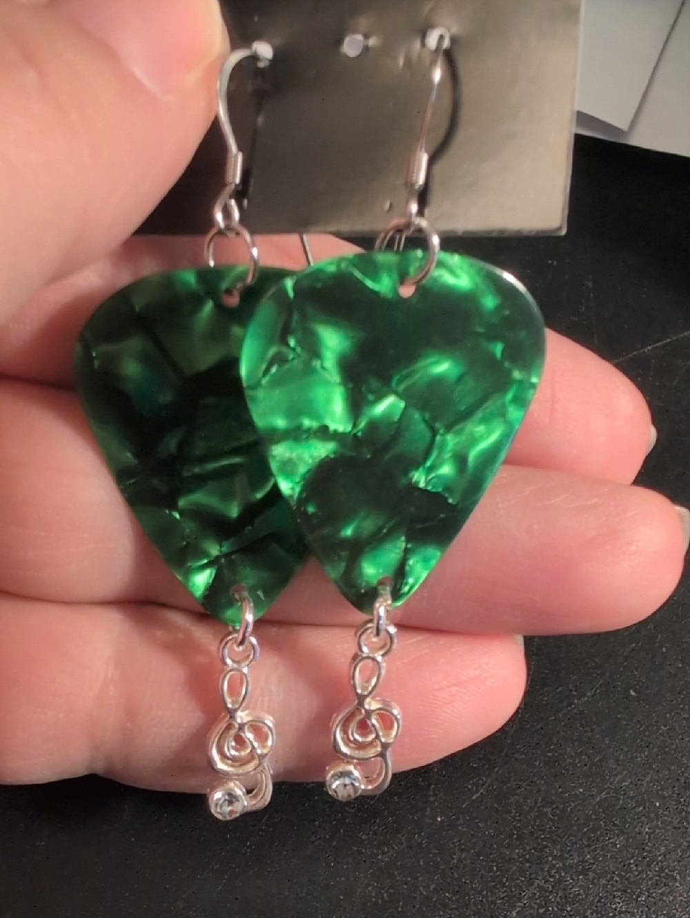 Homemade Emerald Guitar Pick Drop Earrings with Silver Accents